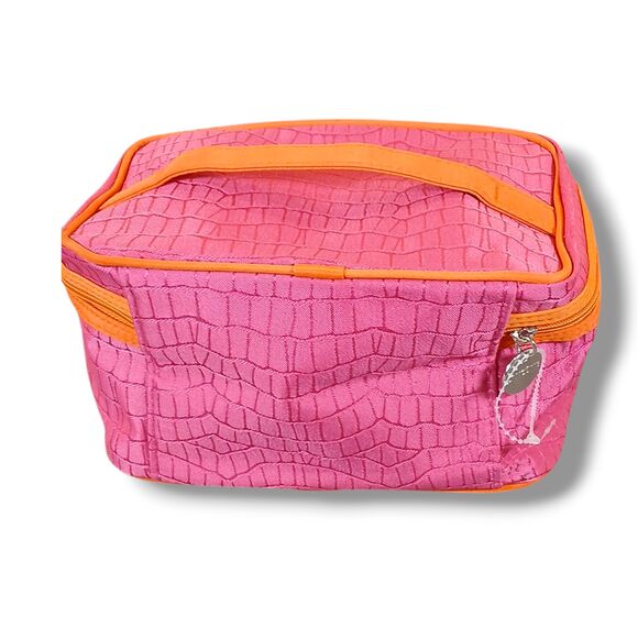 Lancôme Pink Canvas Makeup Train Case Faux Crocodile Pattern 8.5 x 5 x 5 Inch - Picture 2 of 9